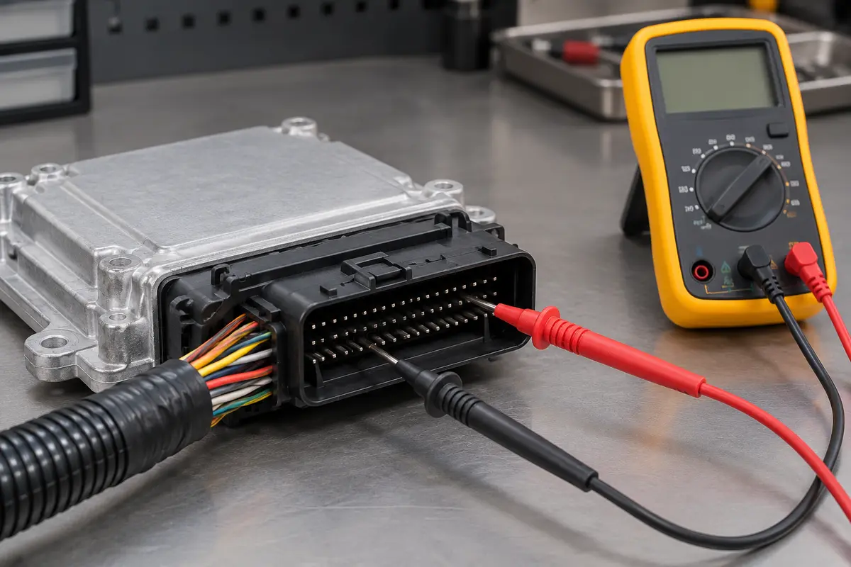 بررسی تغذیه و اتصال بدنه سوکت ECU خودرو با مولتیمتر