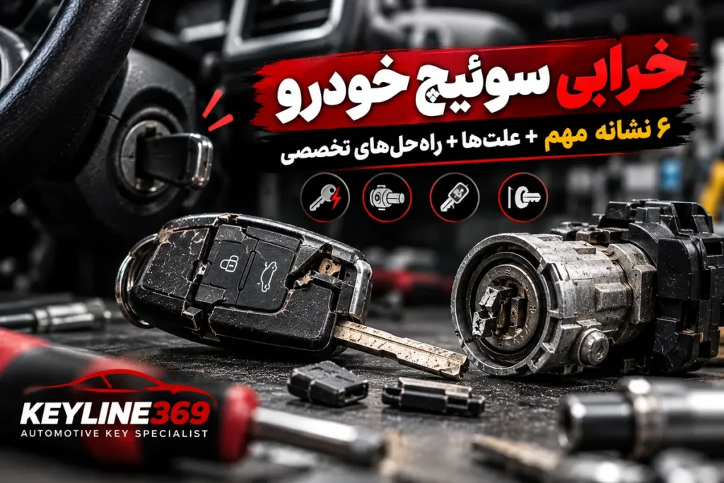 تصویر شاخص علائم خرابی سوئیچ خودرو؛ کلید آسیب‌دیده و قطعات مجموعه سوئیچ