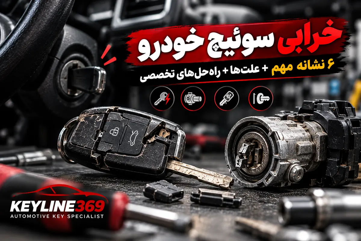 تصویر شاخص علائم خرابی سوئیچ خودرو؛ کلید آسیب‌دیده و قطعات مجموعه سوئیچ