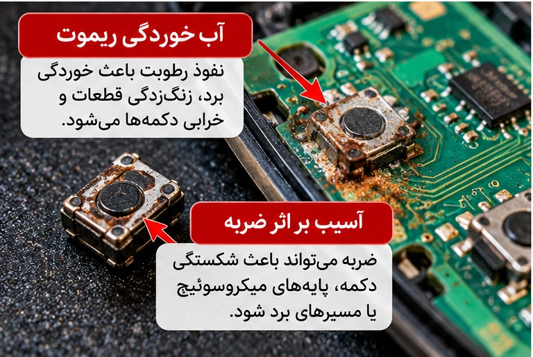خوردگی و آسیب میکروسوئیچ روی برد ریموت خودرو بر اثر آب خوردگی یا ضربه